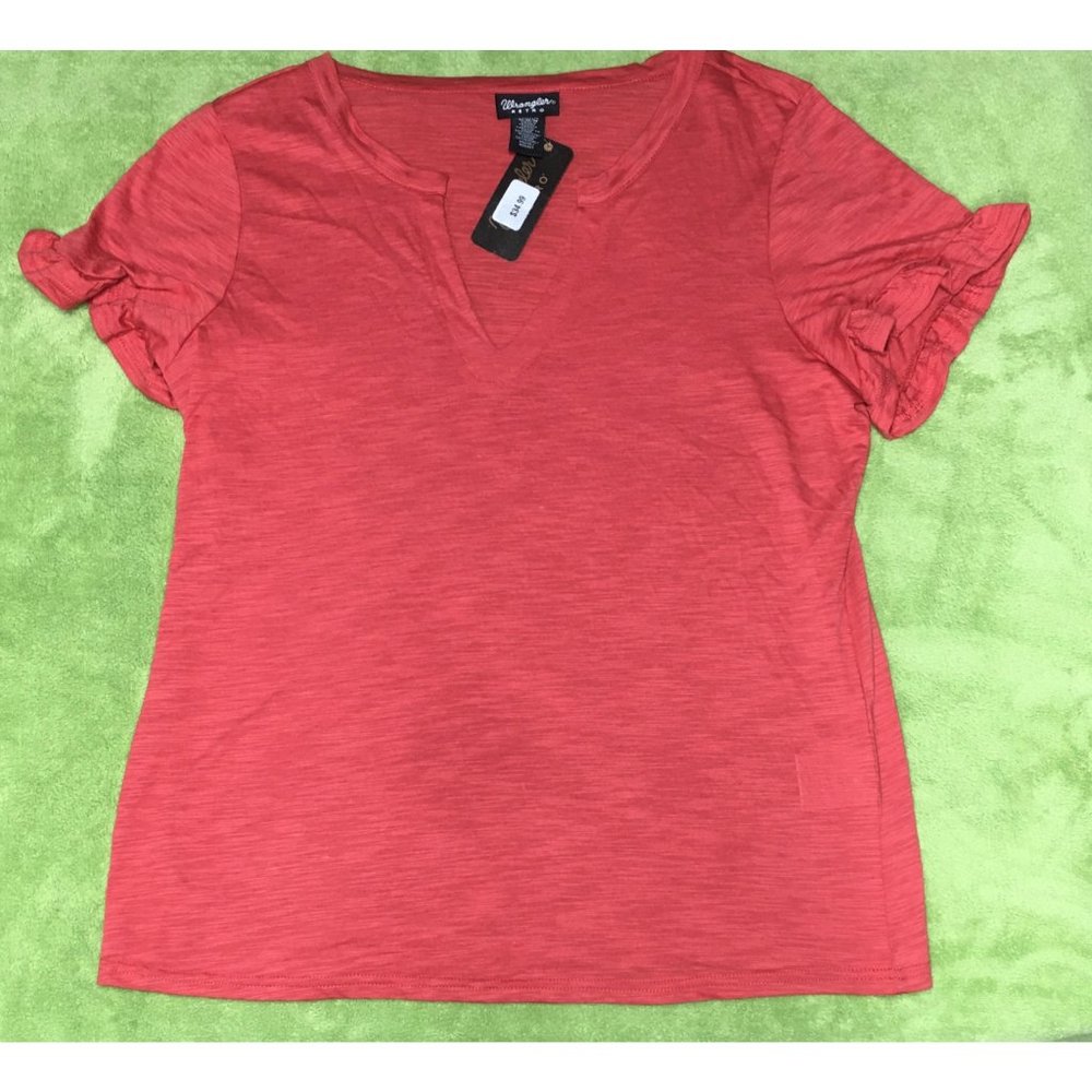 NWT Wrangler Retro Open Collar Ruffled Short Sleeve Shirt Women's M